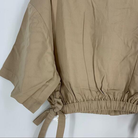 Billie the Label Imogene Crop Top Linen Blend Khaki Medium Collar Button Tencel - Picture 5 of 9